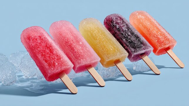 Row of five different flavored ice pops are shown on a blue background. The pops are frozen and have a frosty appearance. Concept of freshness and coolness