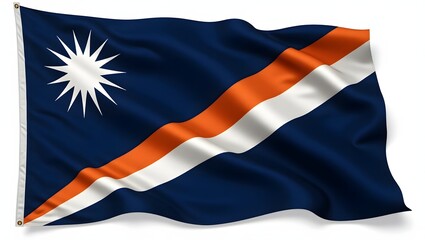 Photorealistic flag of the Marshall Islands with orange and white diagonal stripes on dark blue background and a 24-point white star in the top left. Isolated on white.
