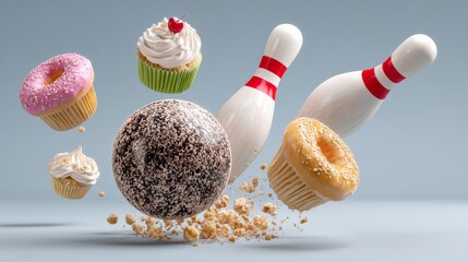 Bowl of doughnuts and cupcakes are flying through the air, with a bowling ball and two bowling pins in the background. Concept of fun and playfulness, as if the doughnuts