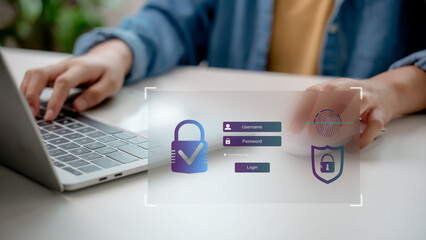 A secure login authentication interface with username, password, and fingerprint is on the digital...