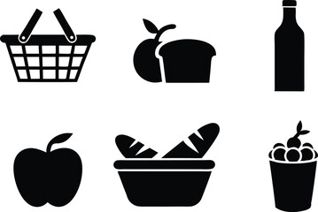 Picnic Food and Basket Icons – Black Silhouette Vector Set