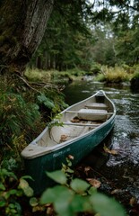 Fototapeta premium Canoe resting on the calm waters of a forest river