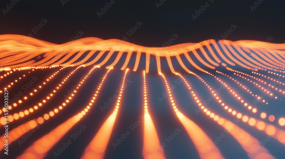 Poster illuminated abstract waves with dynamic lines and dots in vibrant orange and black background