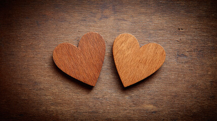 Two wooden hearts on rustic wooden background symbolize love and warmth