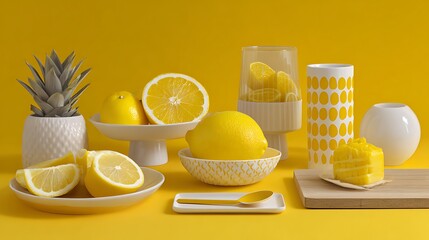 Bright yellow lemons and pineapple still life photography for summer citrus fruit food and drink concept © Dawigner Designs