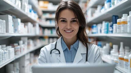 Friendly pharmacist assisting customers with medication advice in a modern pharmacy setting