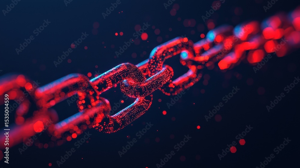 Poster abstract close-up of red glowing chain links with sparkling particles on dark background