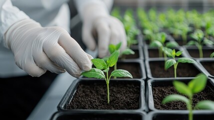 Close-Up of Green Seedling Being Handled in Laboratory by Researcher Wearing Gloves Under Controlled Conditions