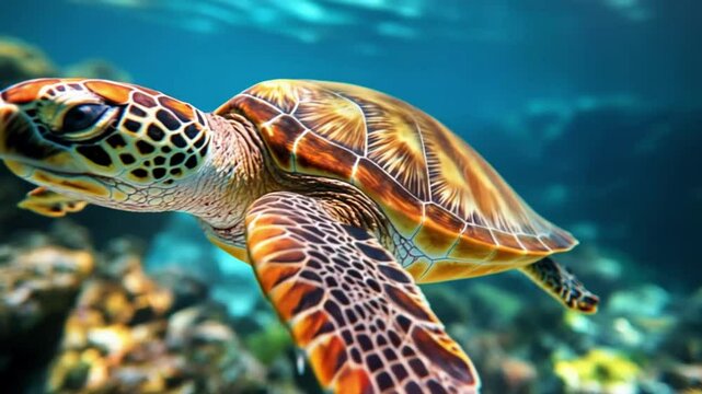 Underwater Gaze of a Sea Turtle: An up-close encounter with a magnificent sea turtle gliding through the ocean's depths.