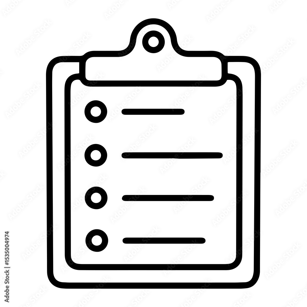 Poster outline style image depicts a clipboard with a document attached, featuring four lines with empty ci