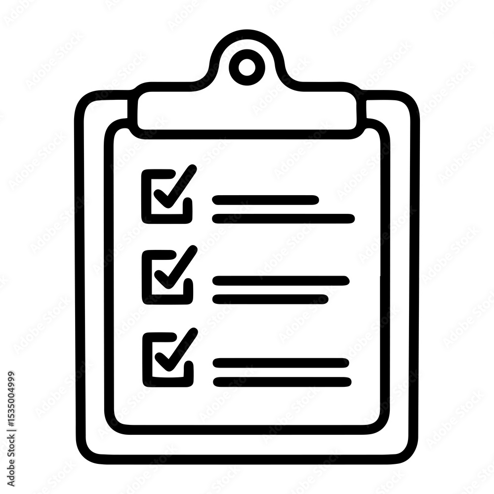 Poster outline style image depicts a clipboard with a document attached, featuring three square checkboxes 