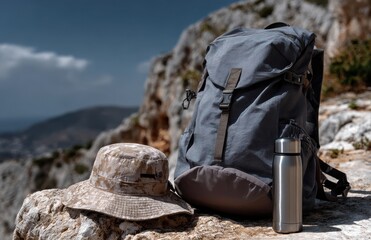 Hiking gear rests on a rock overlooking a mountain valley