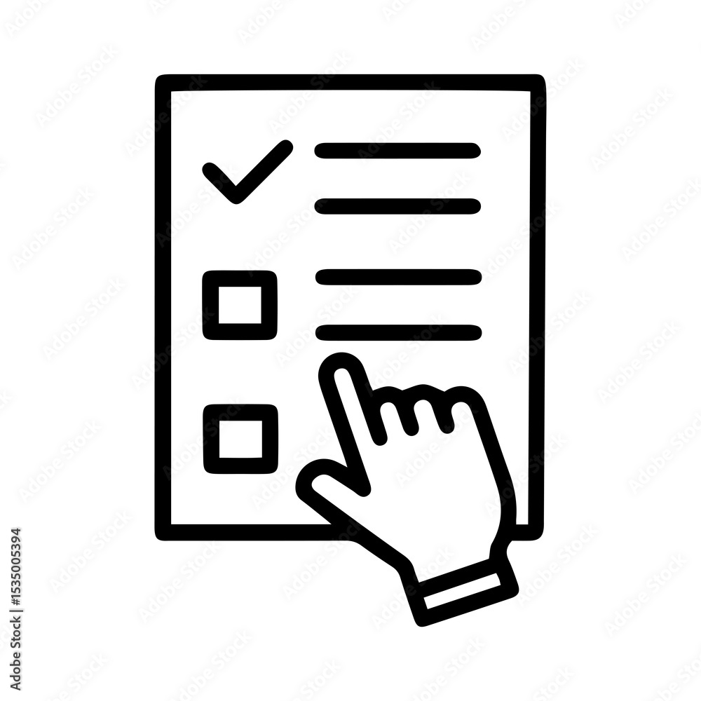 Aufkleber outline style image depicts a document or checklist with one item marked as complete and a human han