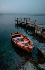 Fototapeta premium Wooden rowboat floating near a dock on a misty lake