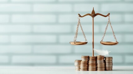 Balance Scale on Stacks of Coins with Soft Lighting and Blurry Background for Financial Concept Illustration