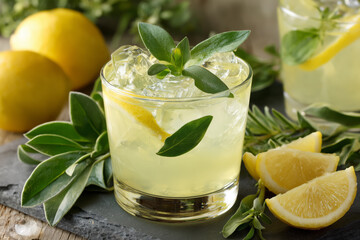 Fototapeta premium Iced Lemon Herbal Drink with Fresh Sage and Lemon Slices