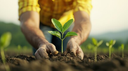 Hands Planting Young Green Seedling in Soil for Sustainable Agriculture and Environmental Conservation