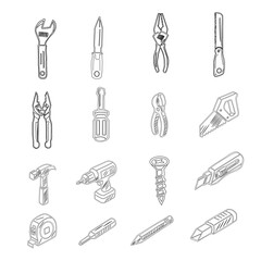 set of tools for construction. A collection of hand tools and power tools. Vector icon set of workshop tools, hand tools, power tools, and safety gear. Set of tools for repair.