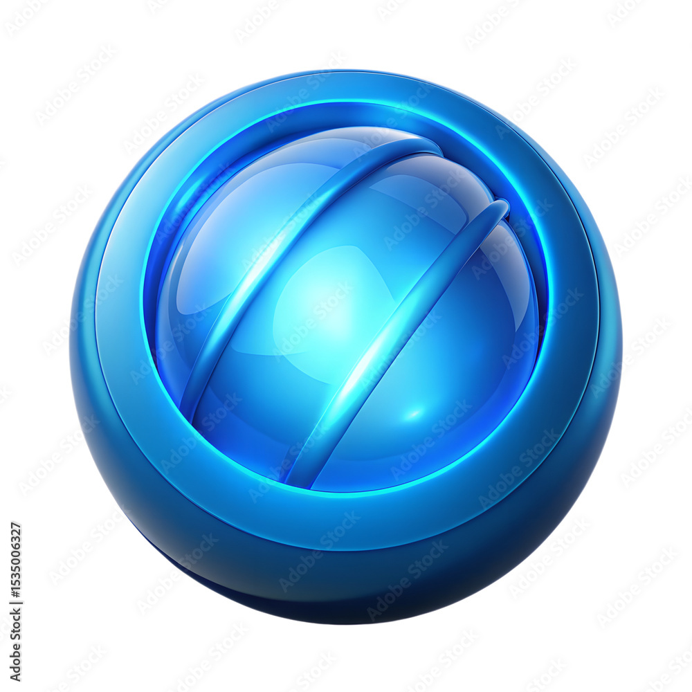 Poster 3d rendering of a shiny blue sphere encapsulated within a circular plastic-style frame is solated on