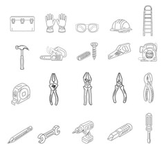 set of tools for construction. A collection of hand tools and power tools. Vector icon set of workshop tools, hand tools, power tools, and safety gear. Set of tools for repair.