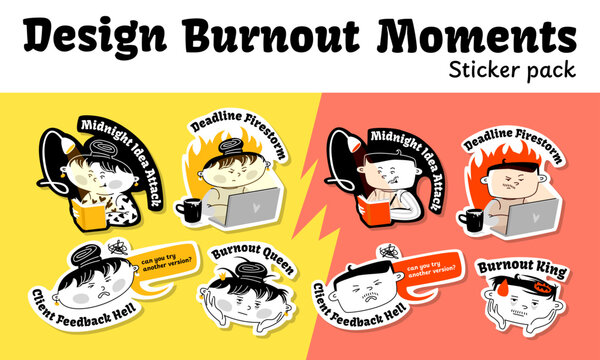 Vector set of black and white stickers showing humorous burnout situations in creative work. Minimalist characters with emotional expressions and colorful accents
