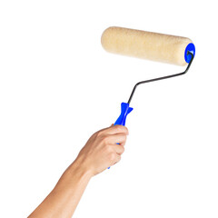 Hand holding blue paint roller on white background