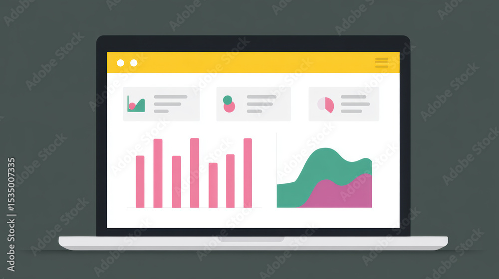 Poster laptop screen displaying colorful graphs and charts, illustrating data analysis and business insight