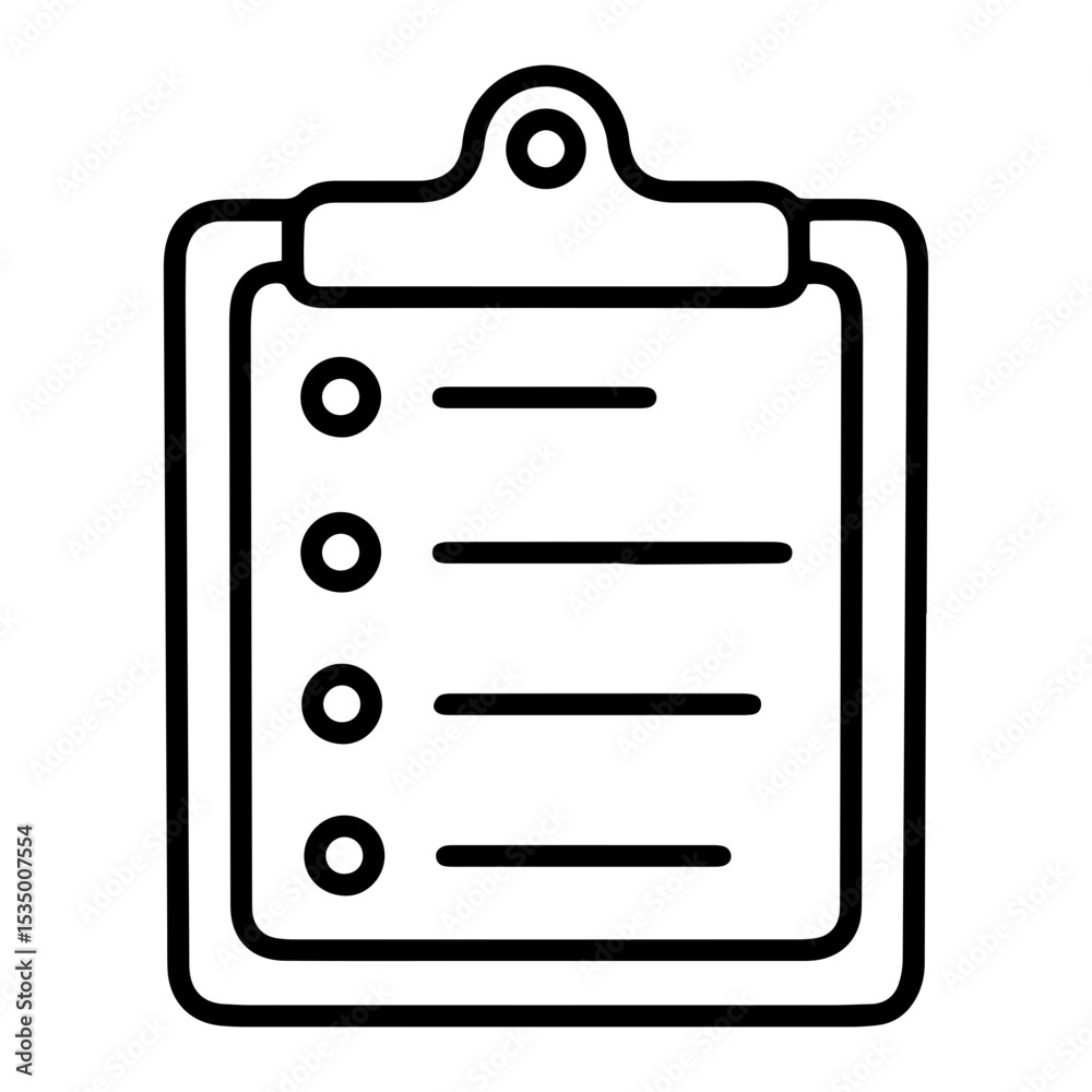 Poster outline style image depicts a clipboard with a document attached, featuring four lines with empty ci