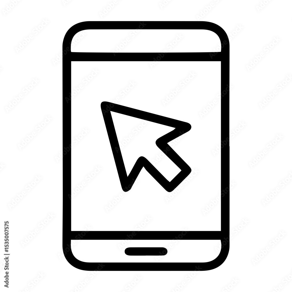 Aufkleber outline style image depicts a smartphone with an arrow-shaped computer cursor displayed on its scree