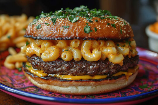 Hamburger with macaro cheese and macaro.