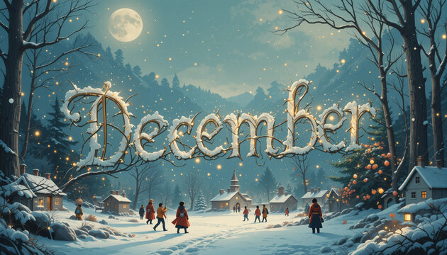 A vibrant and festive illustration for the month of December, featuring the word 'December' in a playful, bold font surrounded by colorful floral elements 