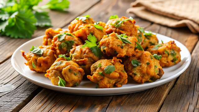Crispy pakora served on white plate. Pakora recipe includes chickpea flour, vegetables, and spices. Delicious pakora dish for Indian food blogs and restaurant menus.