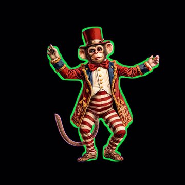 Whimsical circus monkey performer animation isolated asset, transparent 4K video, alpha channel, ProRes 4444