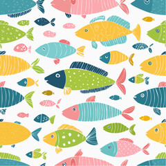 Naklejka premium Colorful cute hand drawn fish cartoon seamless pattern