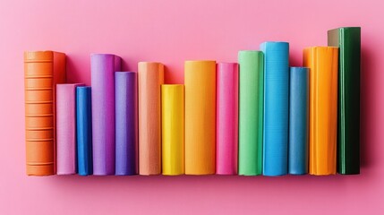 Colorful books arranged in a row against a pink background.