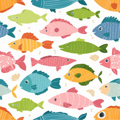 Naklejka premium Colorful cute hand drawn fish cartoon seamless pattern