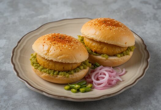 Delicious vegetarian burger sliders served with fresh pickled onions and green chili on a ceramic plate