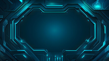 Abstract digital frame with glowing blue lines and a central dark space, evoking a futuristic technological interface.