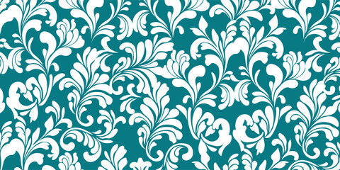 Elegant Teal and White Floral Scrollwork Design, clothes fabric background design, seamless floral elegant damask pattern, featuring swirling, floor carpet vector design, wall art decoration.