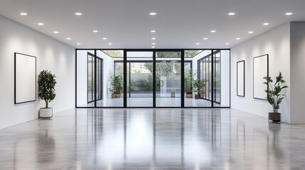 Fototapeta premium Modern interior design of a spacious hallway with large windows and concrete flooring.