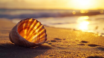 Beautiful seashell resting on the golden beach at sunrise.