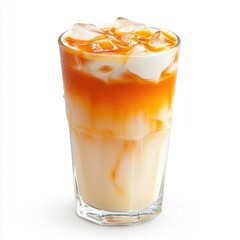 Refreshing cold coffee beverage with milk and ice cubes served in a clear glass