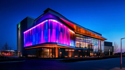 Fototapeta premium Modern building illuminated with vibrant LED lights at night.