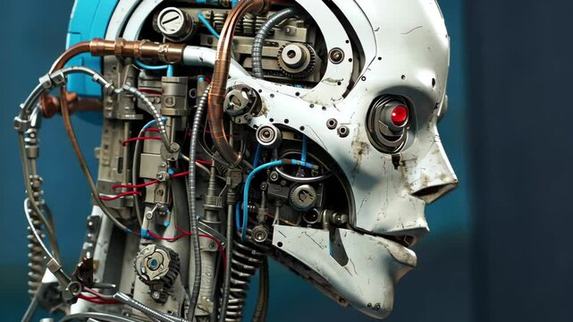 A humanoid robot demonstrating humanlike emotions in a futuristic workshop, showcasing intricate mechanics and glowing red eyes, reflecting a blend of technology and sentience