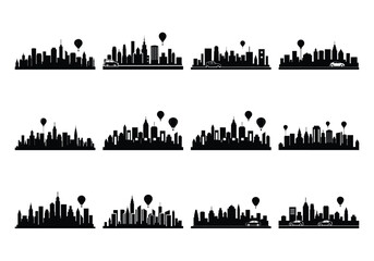 Obraz premium Modern city with traffic, cars, and an air balloon skyline silhouette set on a white background