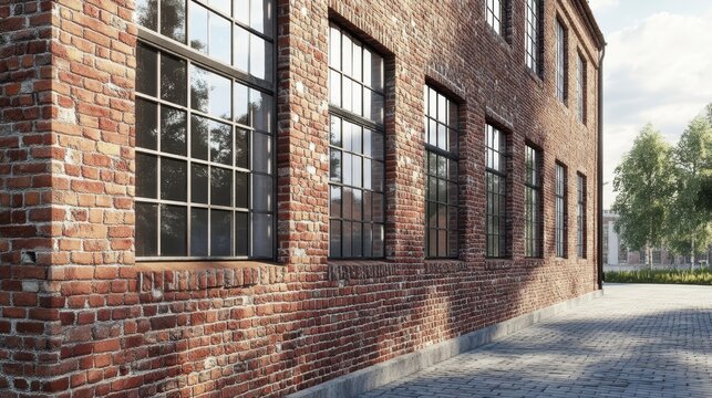 Red brick building exterior with large windows, sidewalk, and tree.