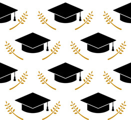 Seamless graduation pattern with caps and golden branches on white background