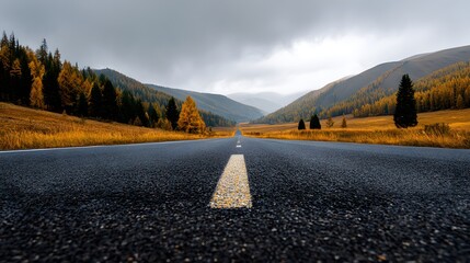 Rustic nature landscape of winding mountain road through golden forest during fall misty air distant peak viewed wide human eye road level perspective cozy autumn sky custom background 