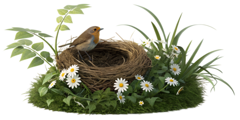 Wild Atlantic puffin with a vibrant red and yellow beak, nestled in a grassy bird's nest with eggs on a clean  transparent background