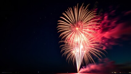 Festive fireworks exploding in dark sky